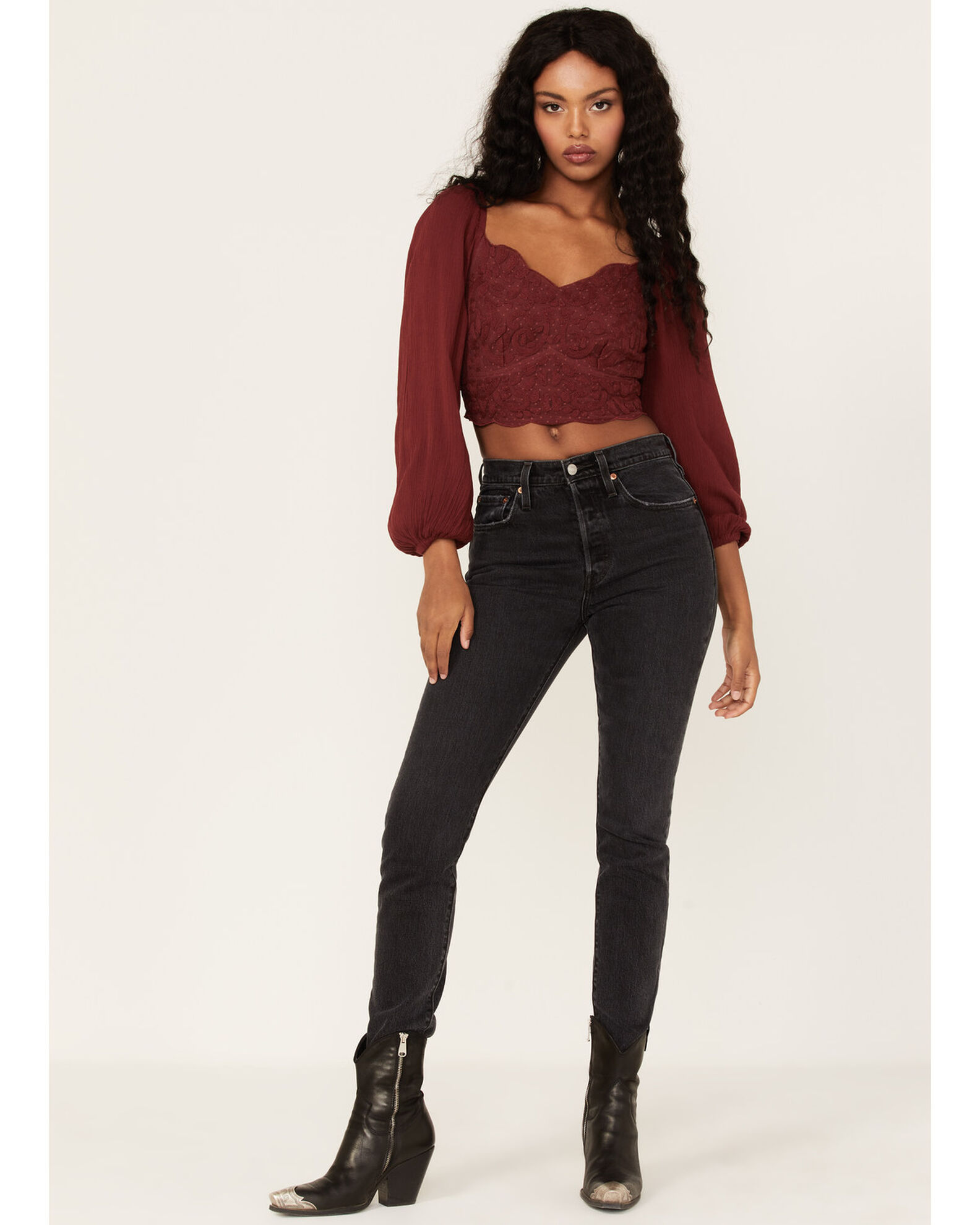Shyanne Women s Embroidered Mesh Dot Poet Sleeve Crop Top Boot Barn
