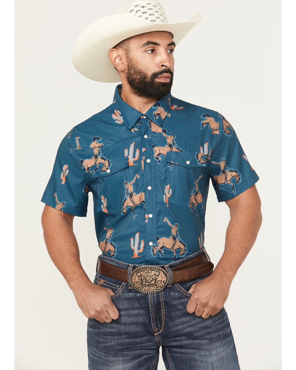 Rock & Roll Denim Men's Tek Bronco Print Short Sleeve Pearl Snap Western Shirt, Dark Teal, hi-res