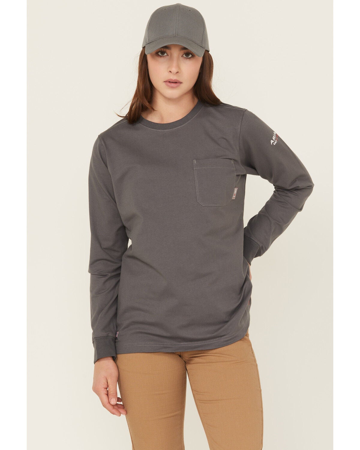 Ariat Women's FR Pima Stretch US Logo Baselayer Long Sleeve Work T-Shirt, Charcoal, hi-res