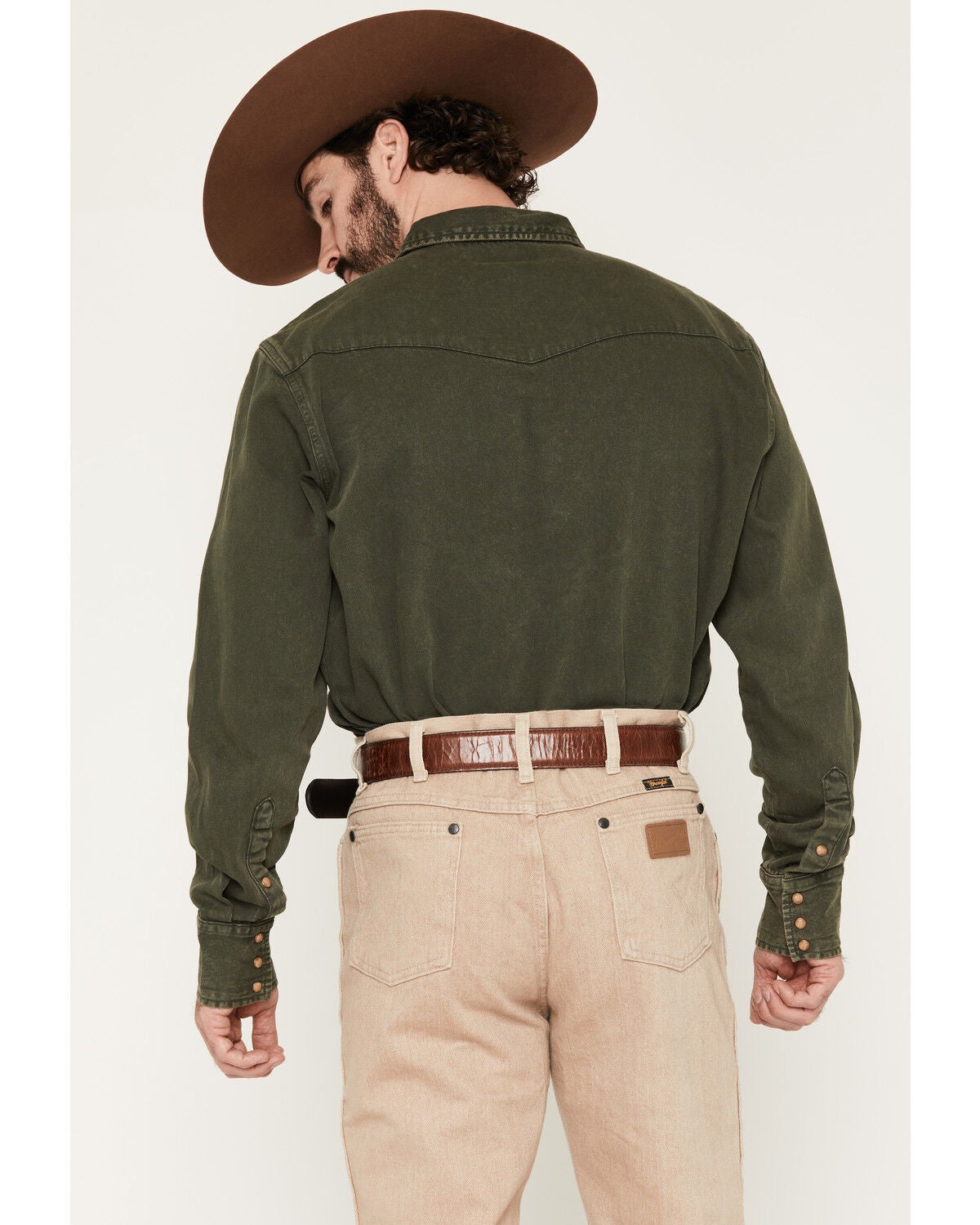 Image #4 - Wrangler Men's Solid Long Sleeve Snap Denim Western Shirt, Olive, hi-res