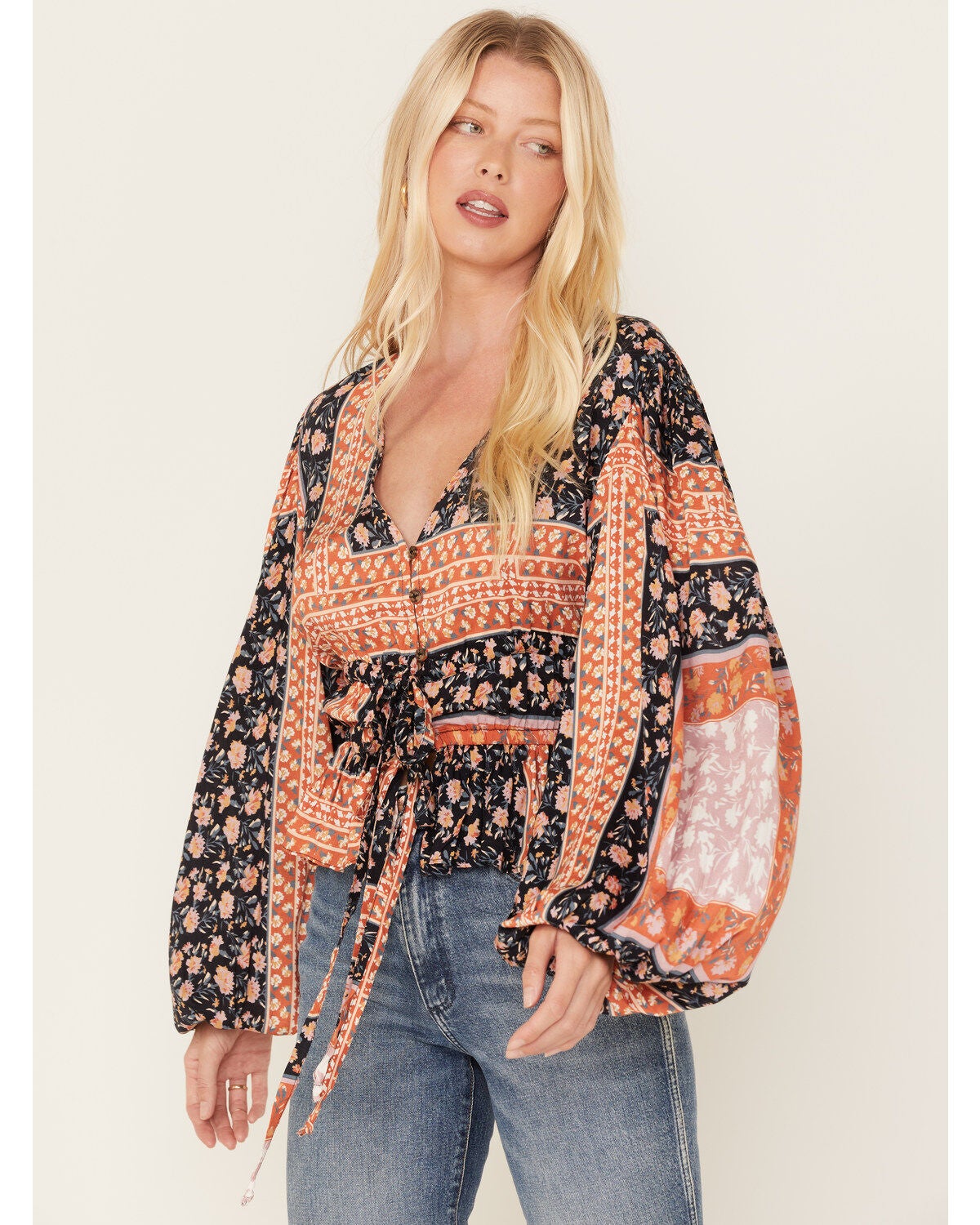 Jen's Pirate Booty Women's Roma Floral Patchwork Print Top, Black, hi-res