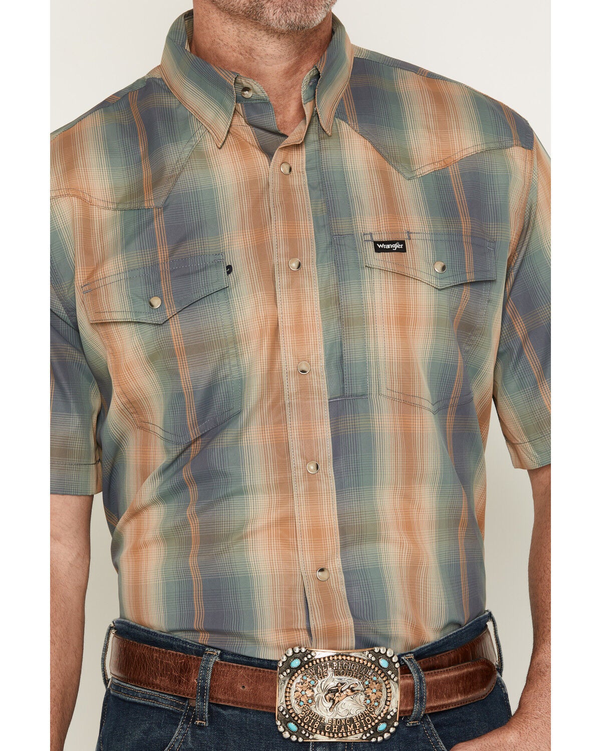 Image #3 - Wrangler Men's ATG Turbulence Plaid Print Short Sleeve Snap Performance Western Shirt - Big, Multi, hi-res