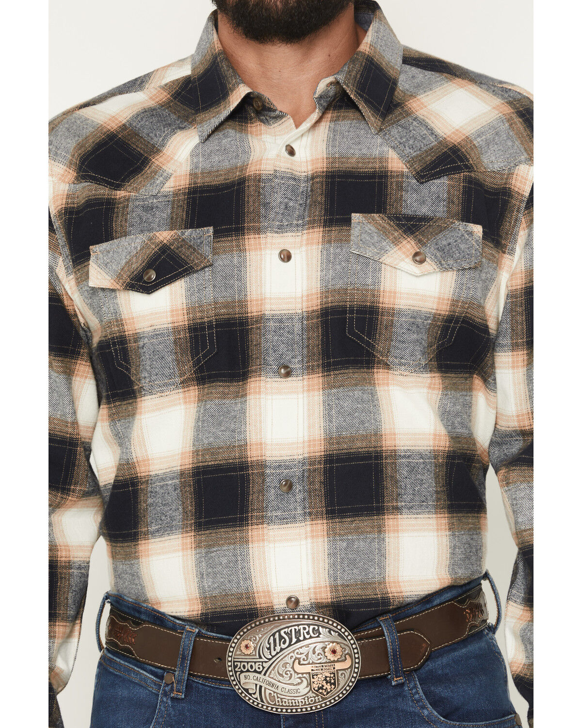Image #3 - Cody James Men's Bull Rider Plaid Print Long Sleeve Snap Flannel Shirt, Tan, hi-res