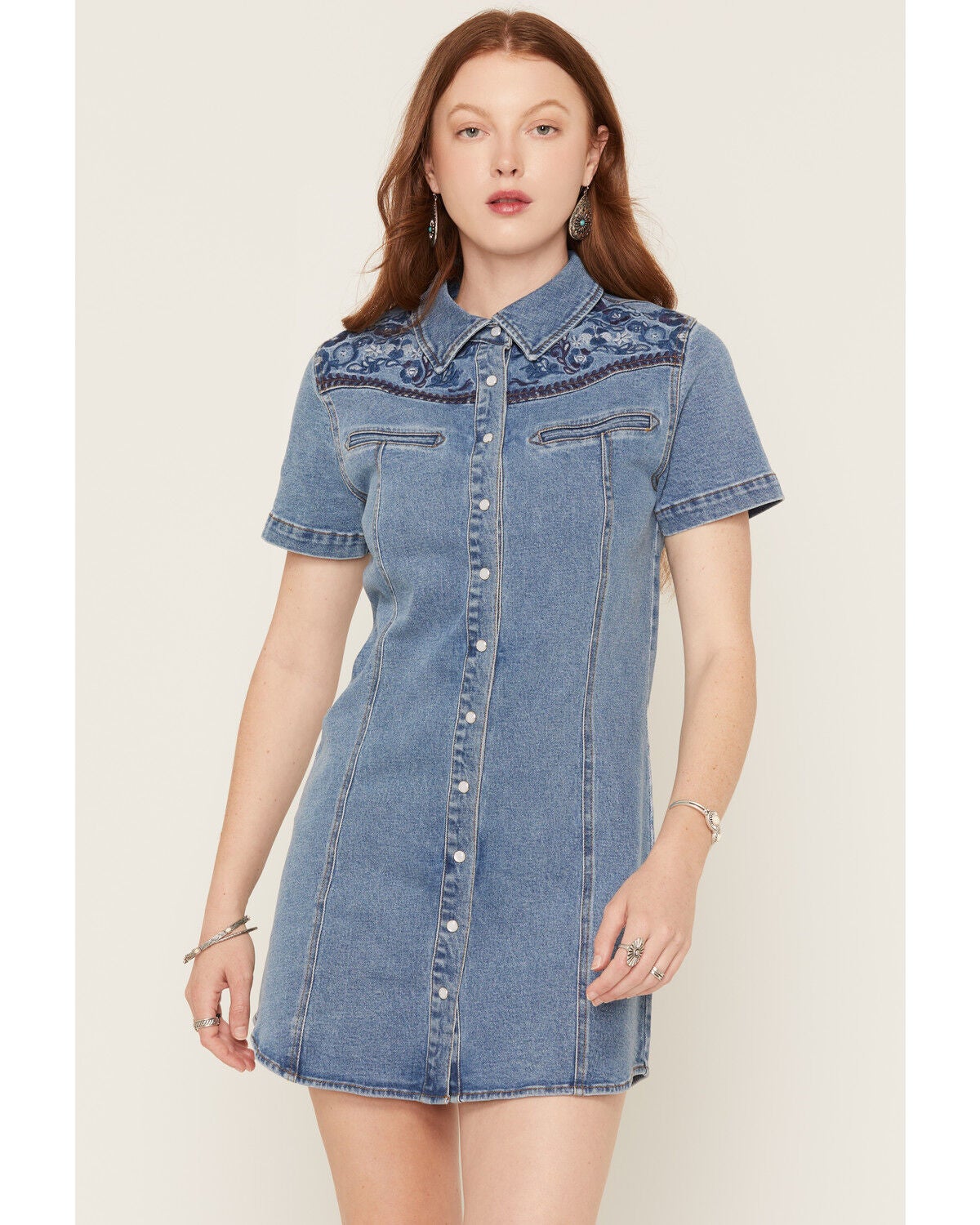 Blue B Women's Boot Barn Exclusive Embroidered Short Sleeve Snap Denim Mini Dress, Medium Wash, hi-res