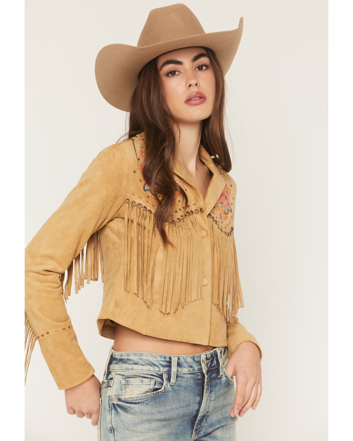 Image #4 - Shyanne Women's Dixon Embroidered Faux Suede Fringe Jacket, Wheat, hi-res