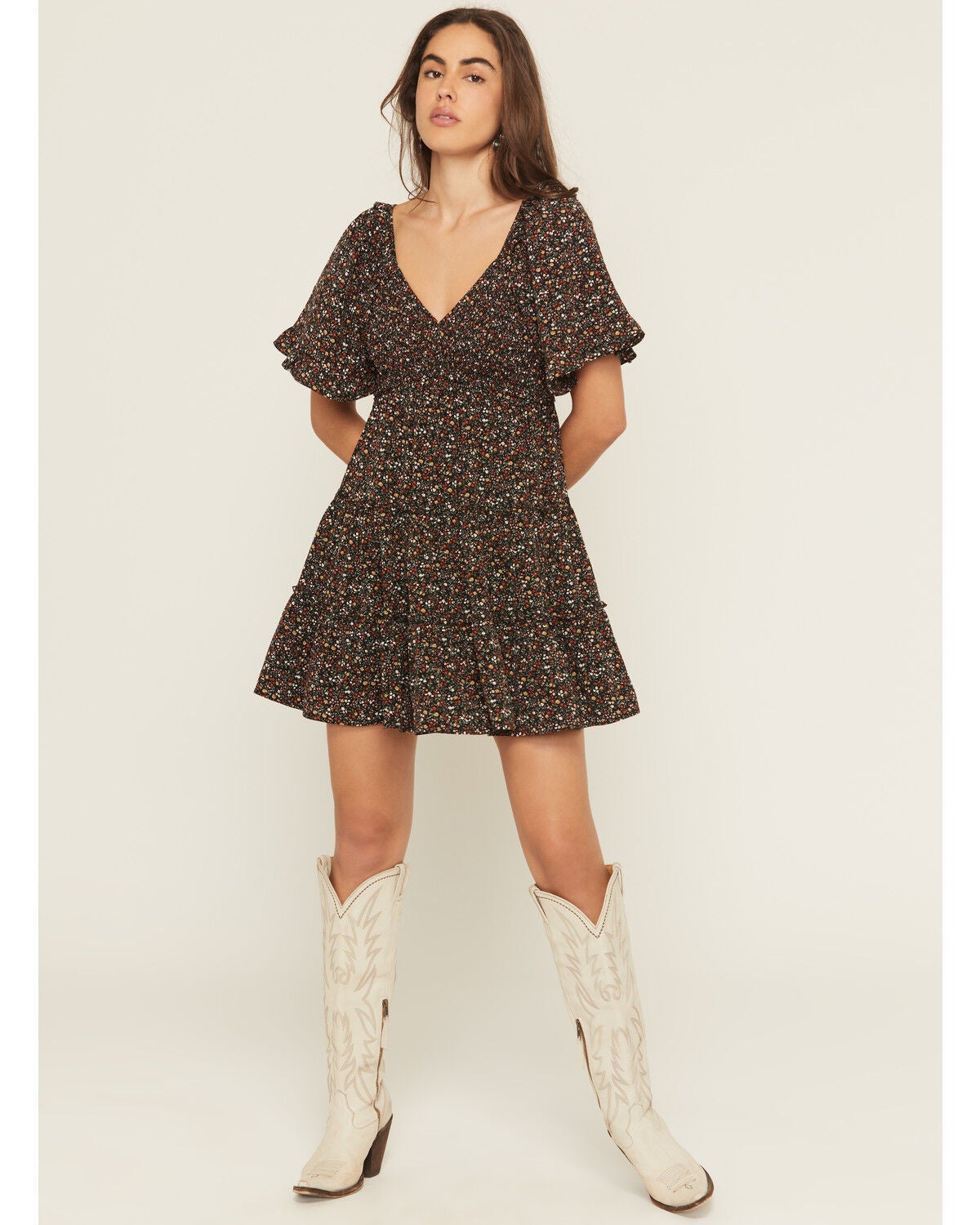 Yura Women's Floral Print Short Sleeve Smocked Mini Dress, Black, hi-res