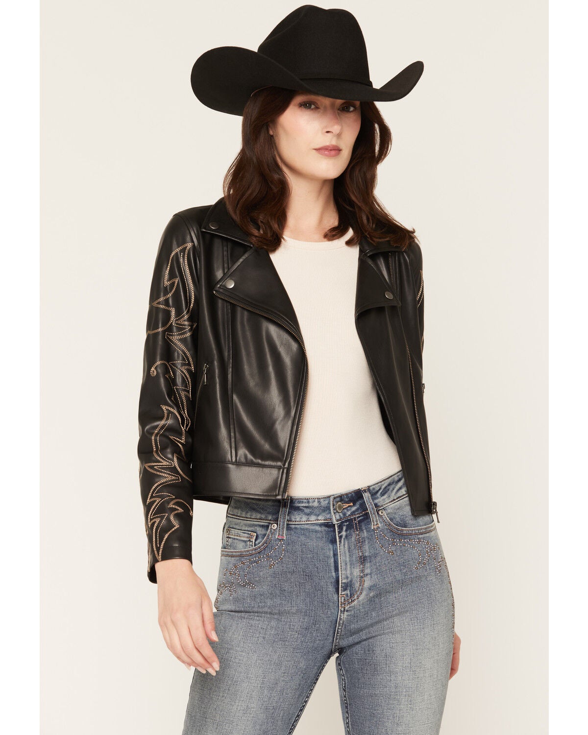 Image #1 - Idyllwind Women's Lazaro Boot Stitch Faux Leather Moto Jacket, Black, hi-res
