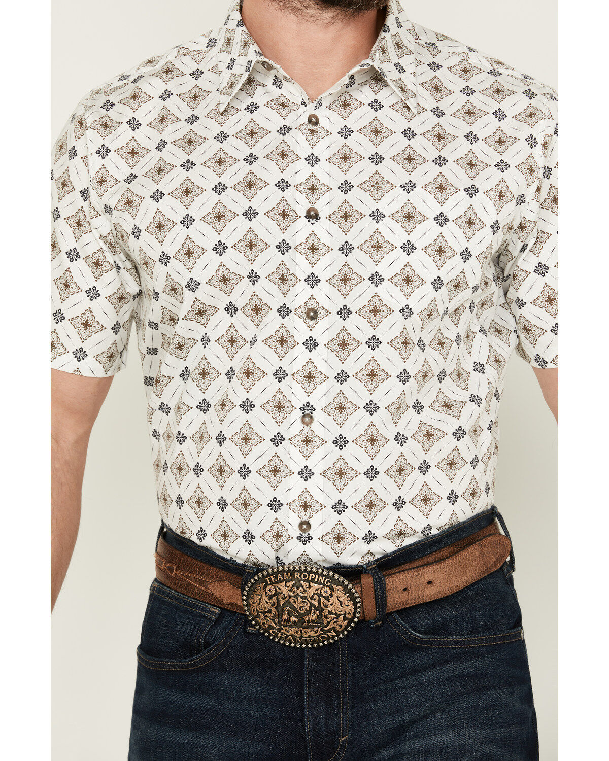 Image #3 - Gibson Men's Hubert Medallion Print Short Sleeve Button-Down Western Shirt, White, hi-res