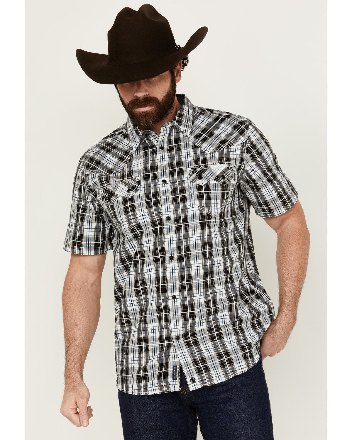 Moonshine Spirit&reg; Men's Macho Plaid Print Short Sleeve Snap Western Shirt, White, hi-res