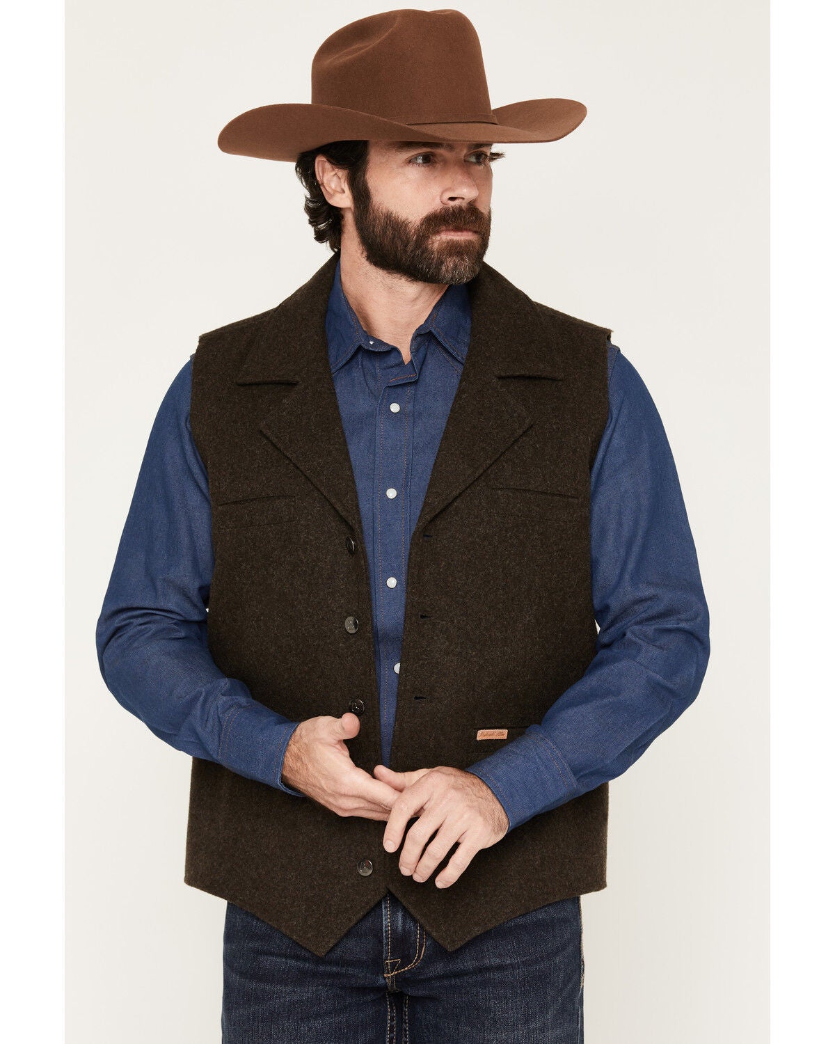 Powder River Outfitters Men's Wool Button-Down Vest, Dark Brown, hi-res