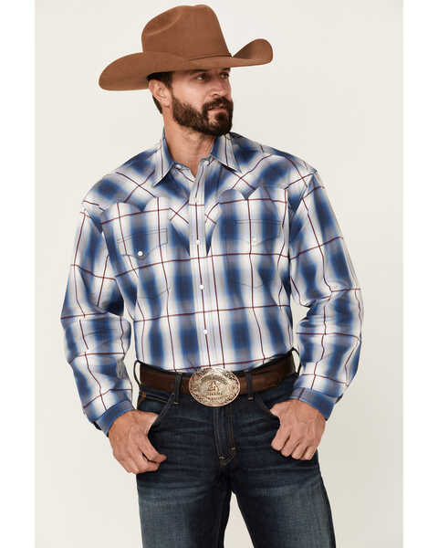 Stetson Men's Ombre Large Plaid Print Long Sleeve Pearl Snap Western Shirt , Blue, hi-res