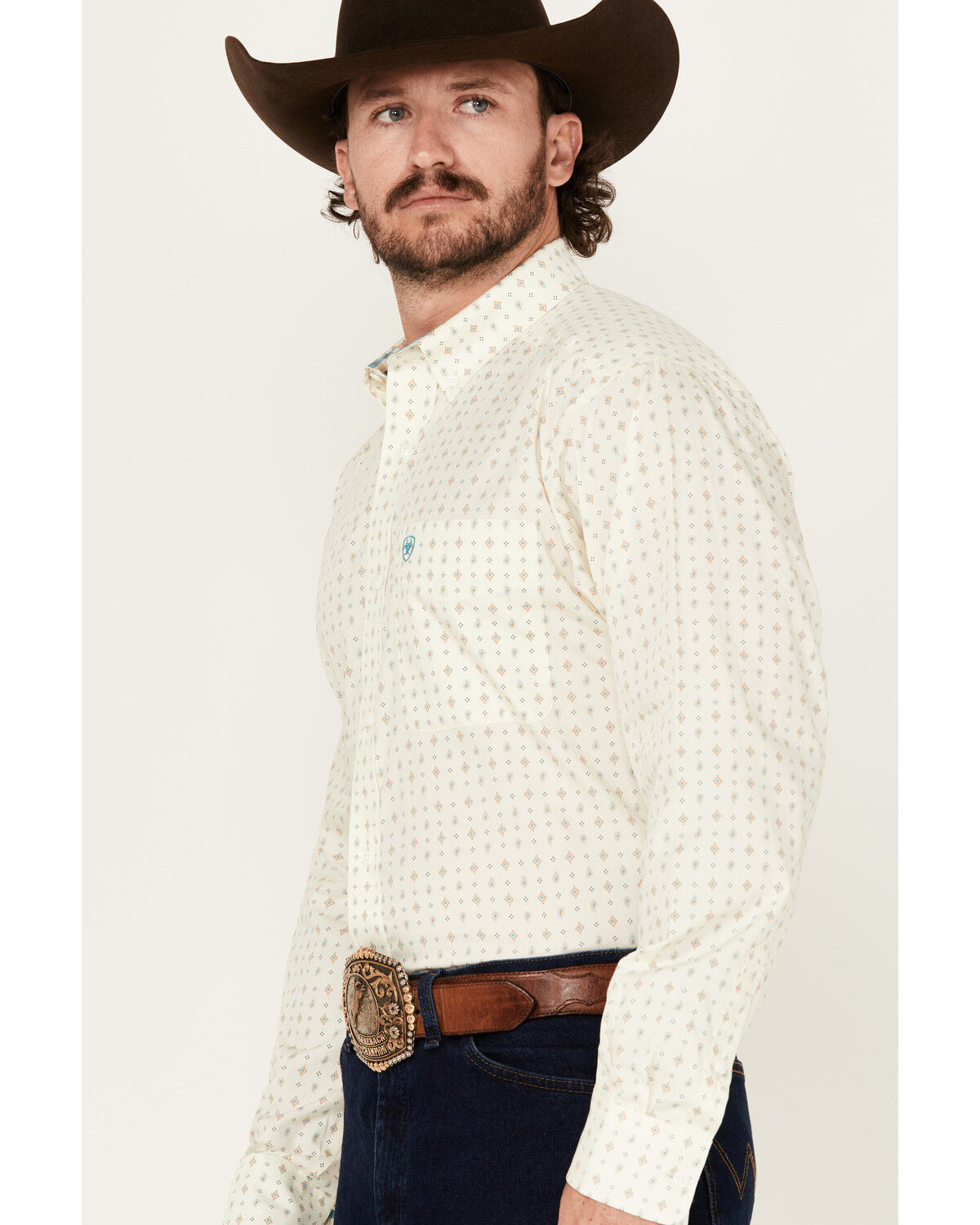 Image #2 - Ariat Men's Wrinkle Free Griffin Geo Print Long Sleeve Button-Down Western Shirt, Cream, hi-res
