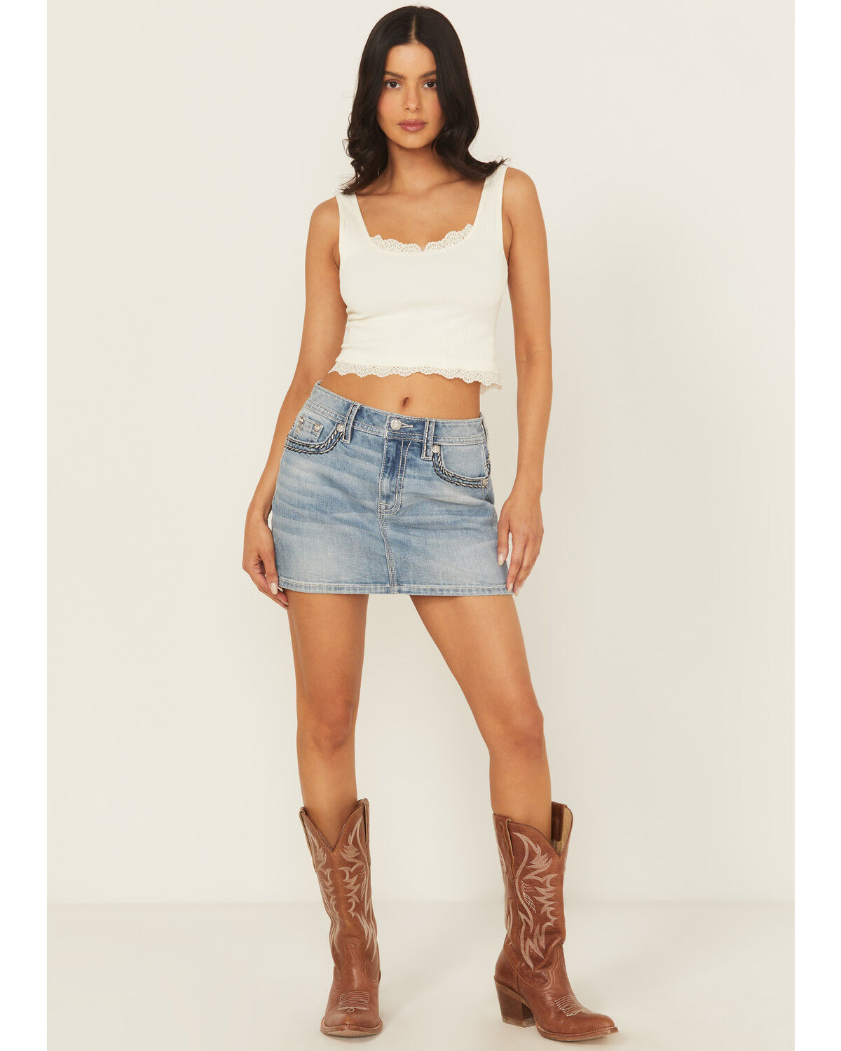 Product Name:  Miss Me Women's Light Wash Mid Rise Embroidered Denim Stretch Mini Skirt