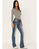 Miss Me Women's Medium Wash Mid Rise Embroidered Paisley Distressed Bootcut Jeans, Blue, hi-res