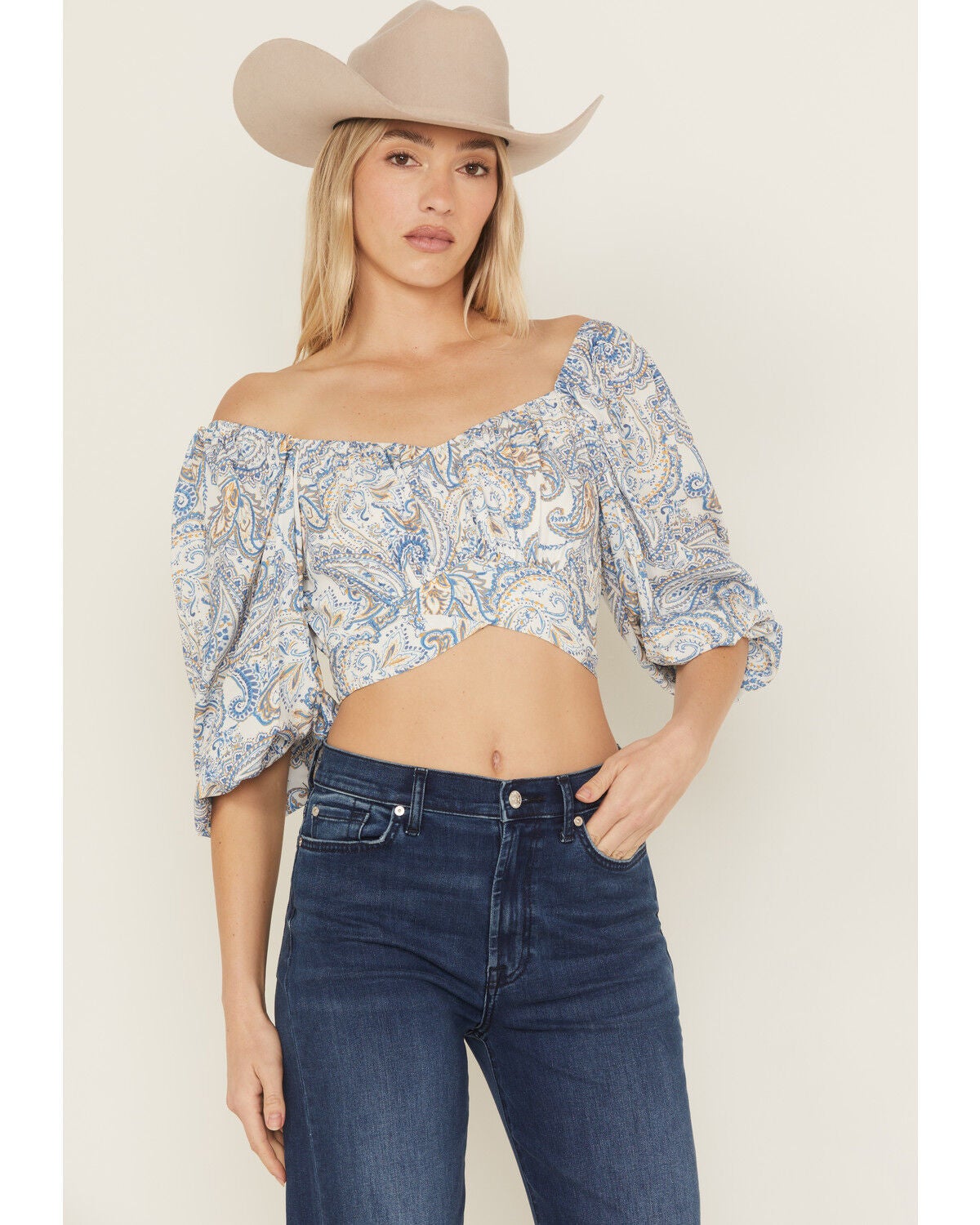 Beyond The Radar Women's Paisley Print Long Sleeve Tie-Back Top, Blue, hi-res