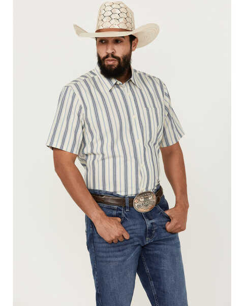 Cody James Men's Gunsmoke Dobby Striped Button-Down Short Sleeve Western Shirt , Cream, hi-res