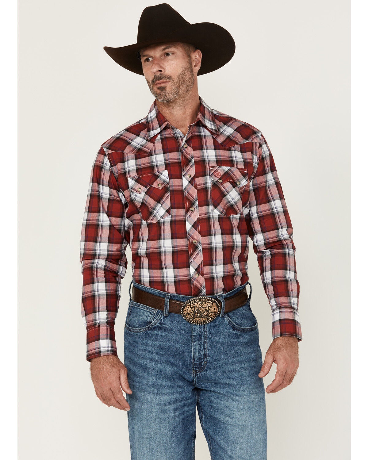 Wrangler Retro Men's Plaid Print Long Sleeve Snap Western Shirt, Burgundy, hi-res