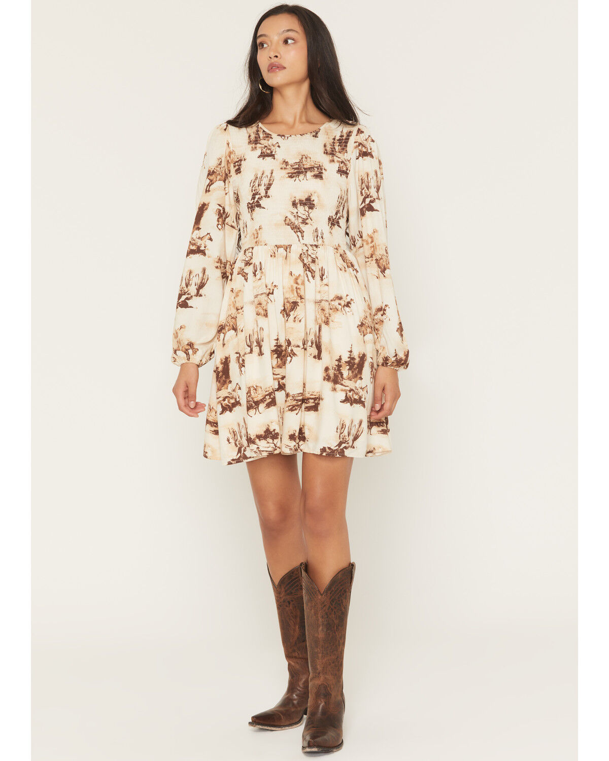 Image #1 - Wrangler Retro Women's Horses Conversational Print Long Sleeve Smocked Mini Dress, Cream, hi-res
