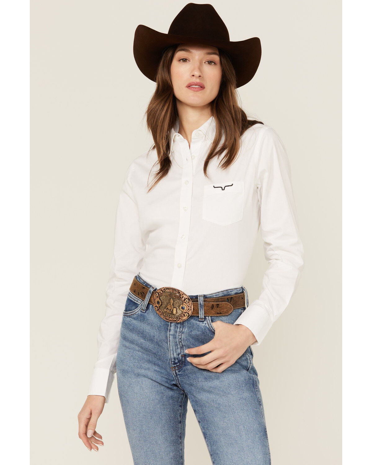 Kimes Ranch Women's Logo Long Sleeve Button-Down Western Shirt, White, hi-res