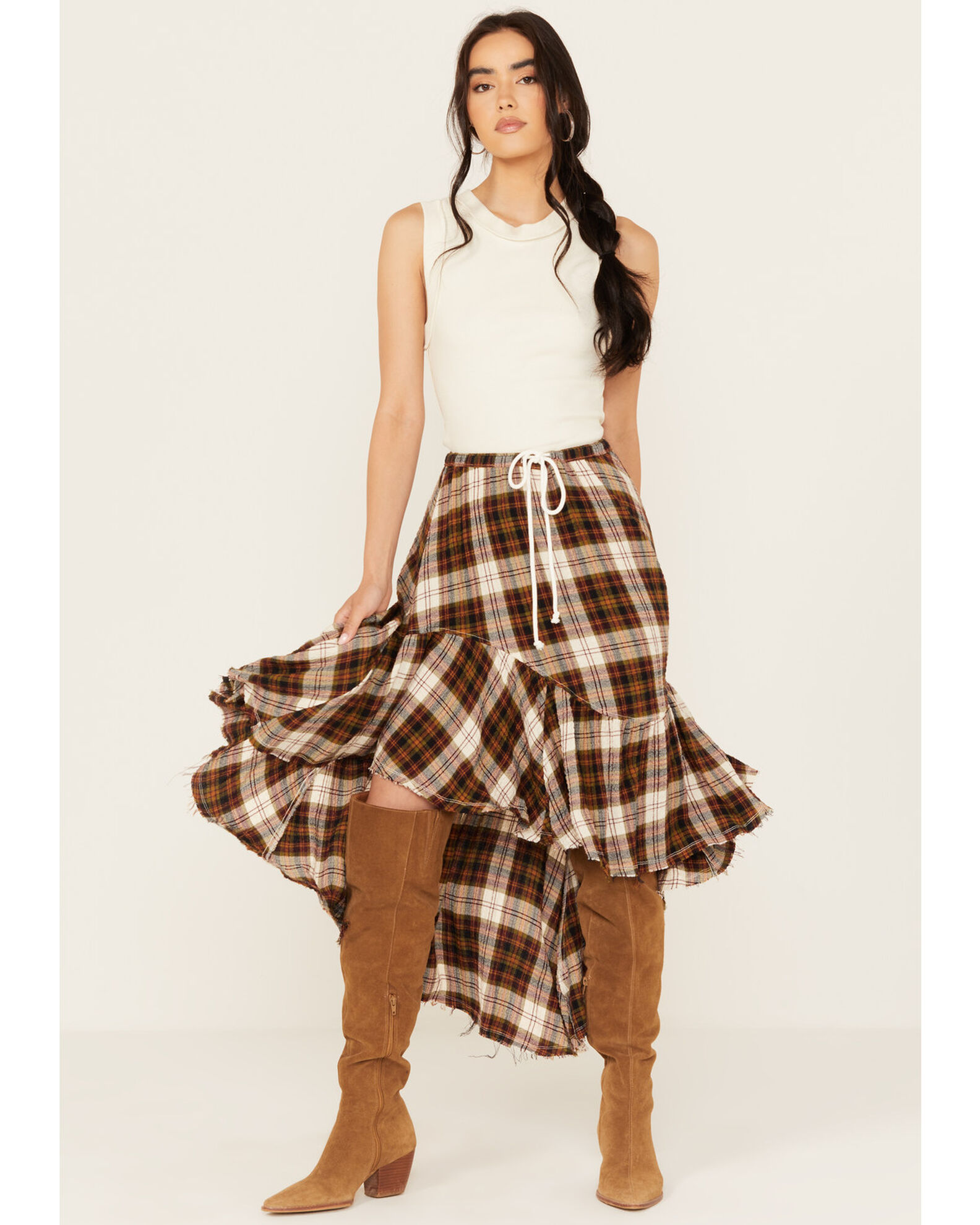Free People Women s Marcelline Plaid Print Asymmetric Hem Skirt