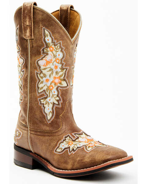 Laredo Women's Flower Inlay Western Boots - Broad Square Toe, Tan, hi-res