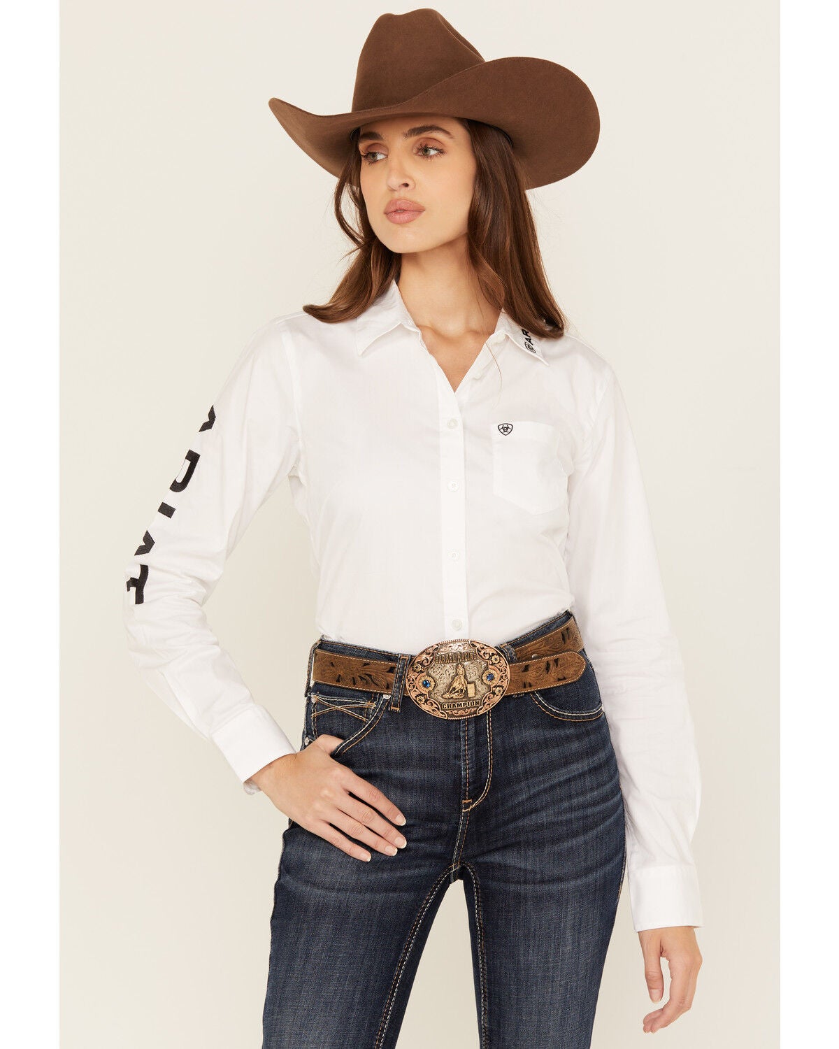 Ariat Women's Boot Barn Exclusive Team Kirby Long Sleeve Button-Down Stretch Western Shirt, White, hi-res
