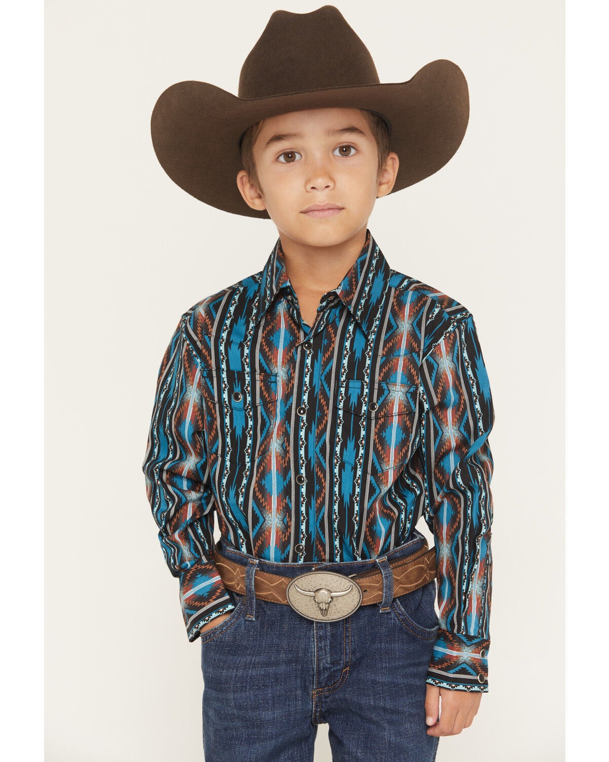 Wrangler Boys' Checotah Southwestern Striped Print Long Sleeve Snap Western Shirt, Teal, hi-res