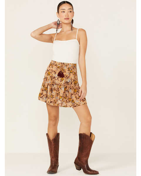 Z&L Women's Floral Tiered Mini Skirt , Gold, hi-res