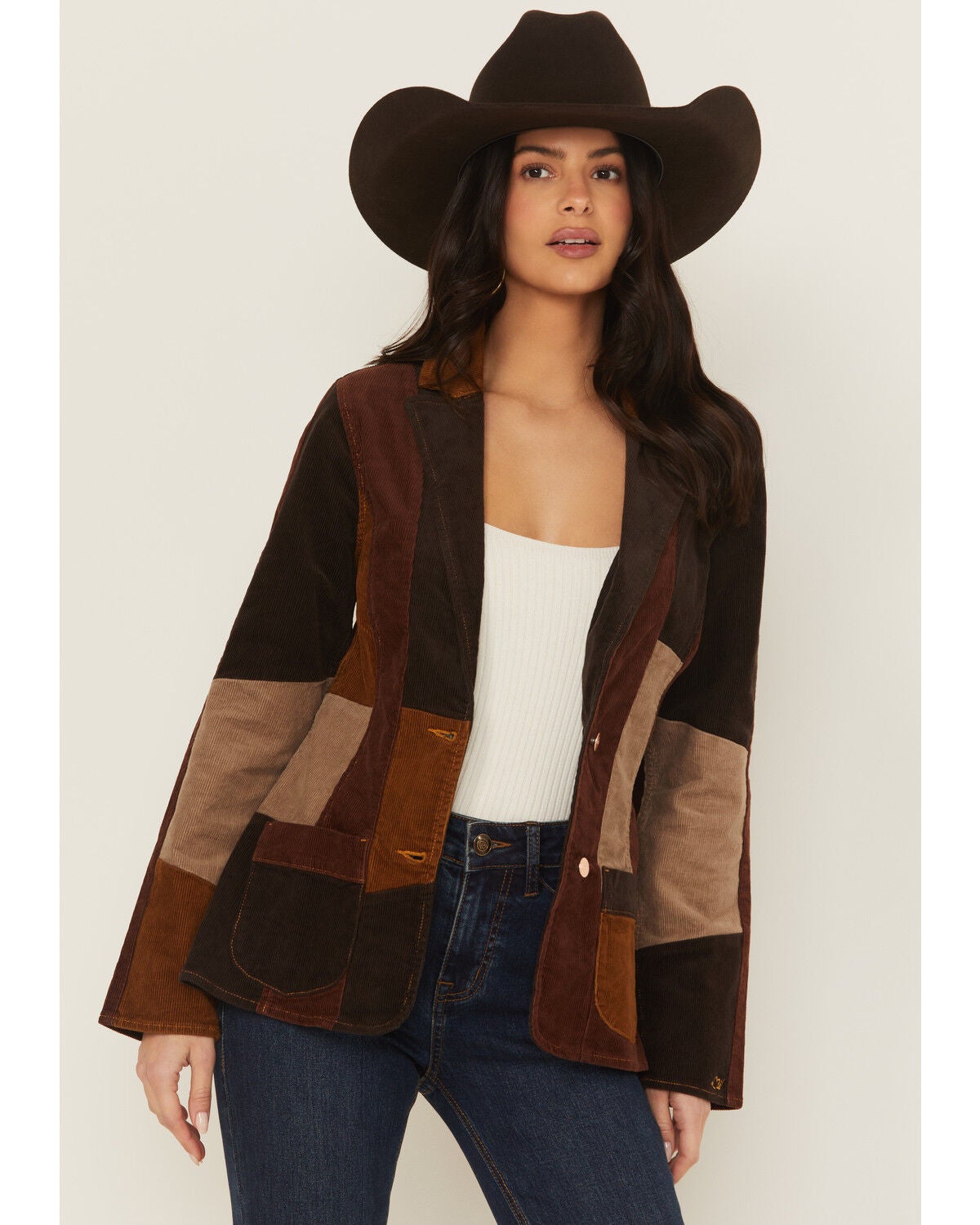 Wrangler X Lainey Wilson Women's Corduroy Patchwork Blazer, Brown, hi-res