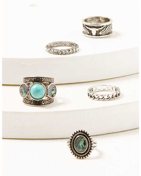 Shyanne Women's Silver Longhorn & Turquoise Abalone 5-piece Ring Set, Silver, hi-res