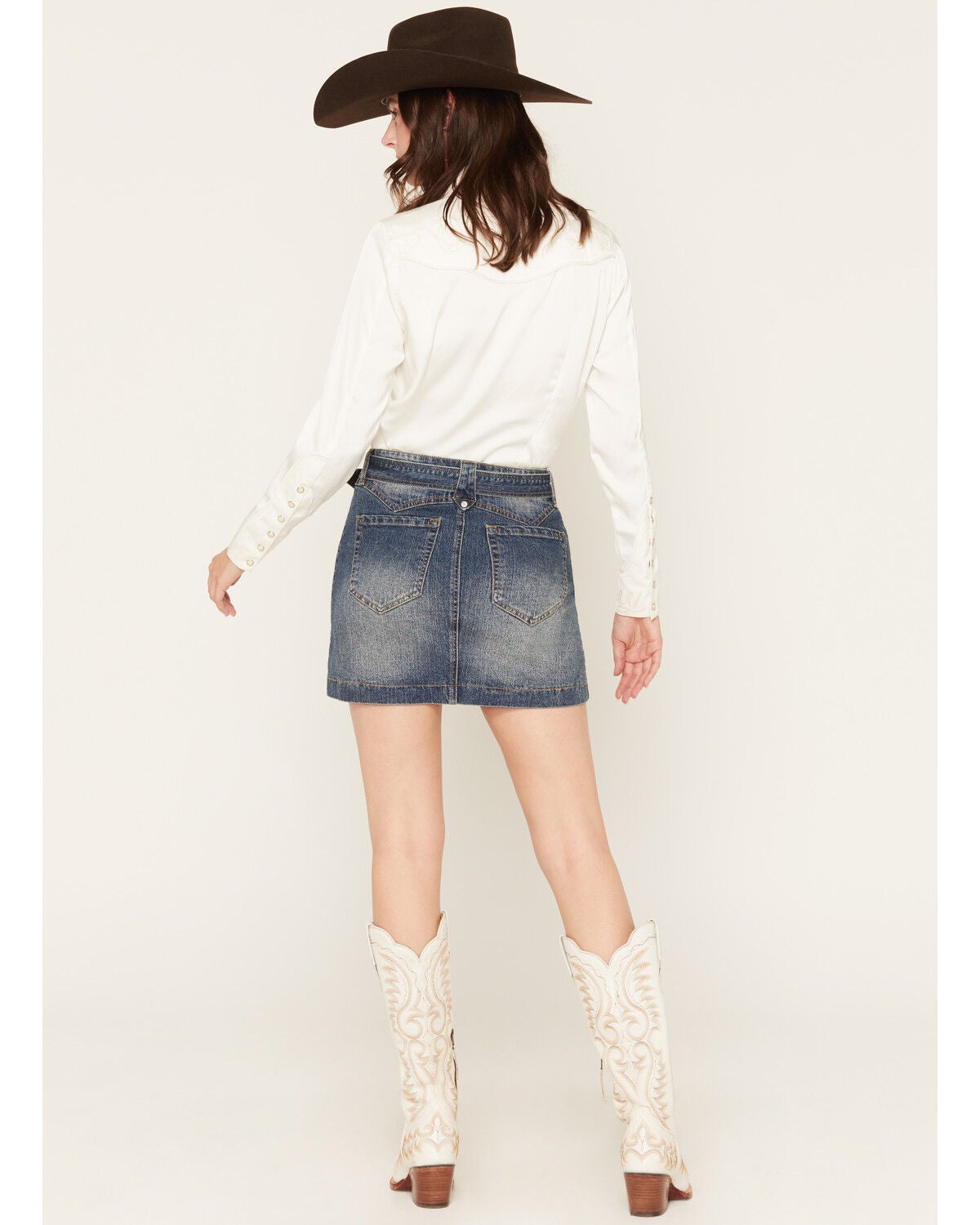 Image #3 - Dakota Blue Women's Dark Wash Belted Western Yoke Denim Mini Skirt, Dark Wash, hi-res