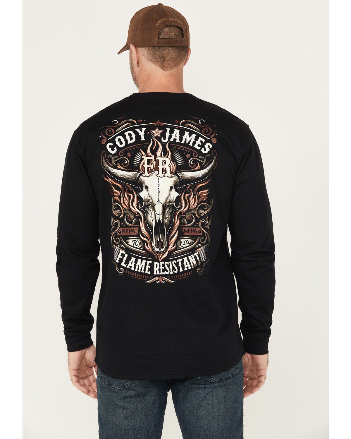Cody James Men's FR Flaming Skull Long Sleeve Graphic Work T-Shirt, Black, hi-res