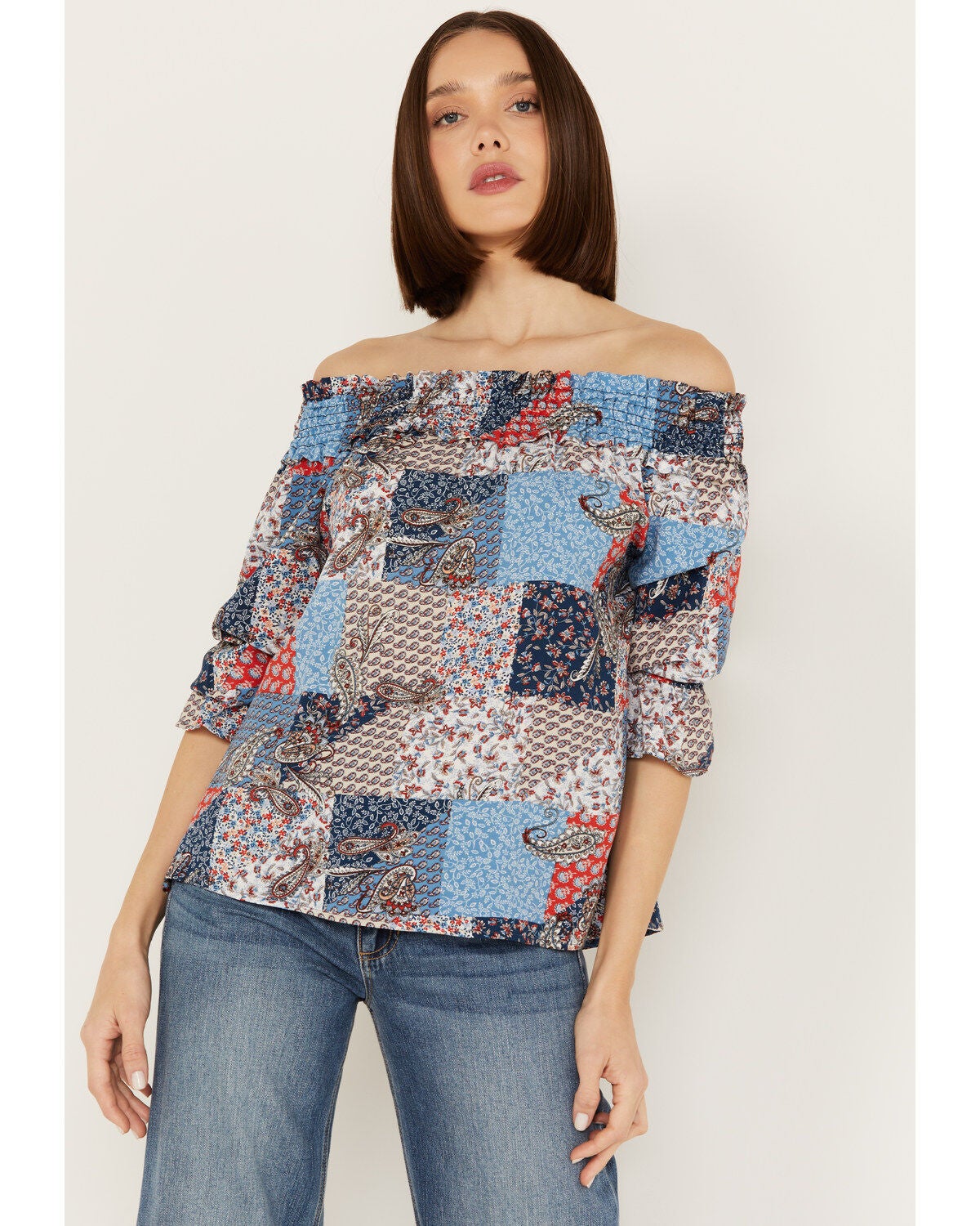 Wild Moss Women's Patchwork Print Off The Shoulder Top, Multi, hi-res
