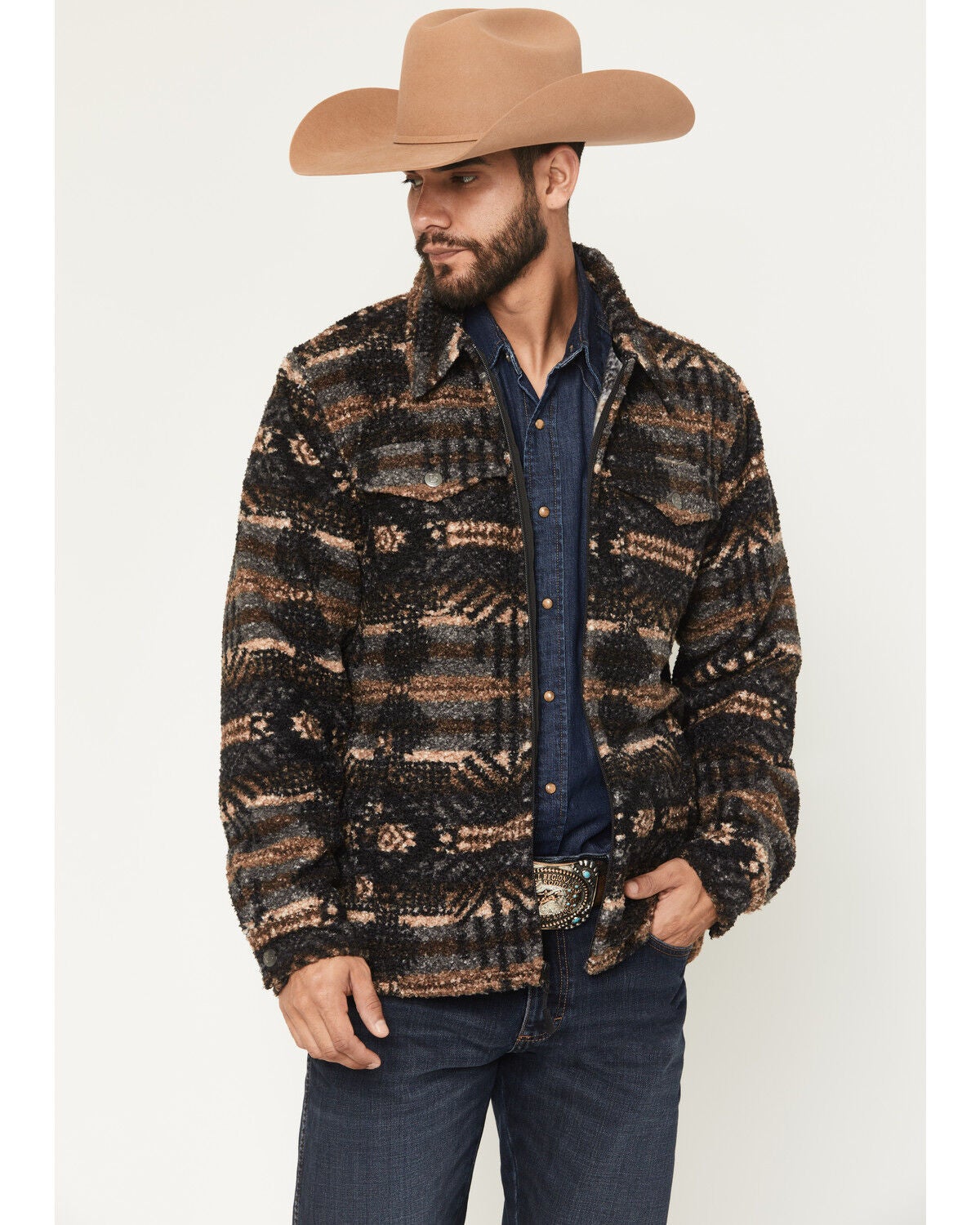 Panhandle Slim Men's Jicarilla Southwestern Print Berber Jacket, Charcoal, hi-res