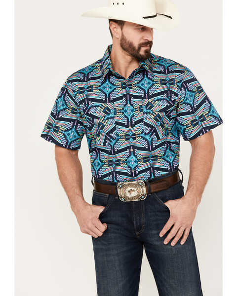 Panhandle Men's Select Southwestern Short Sleeve Snap Shirt, Turquoise, hi-res