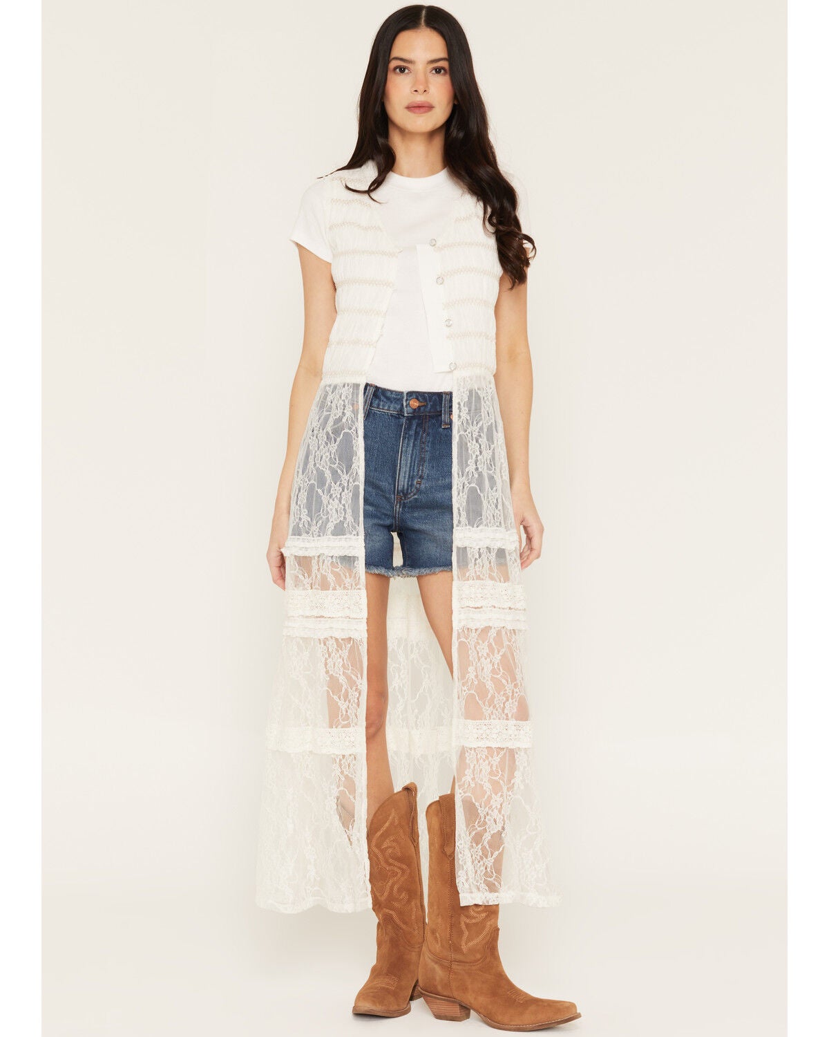 Image #1 - Baeverly Women's Smocked Lace Button-Down Kimono, Ivory, hi-res