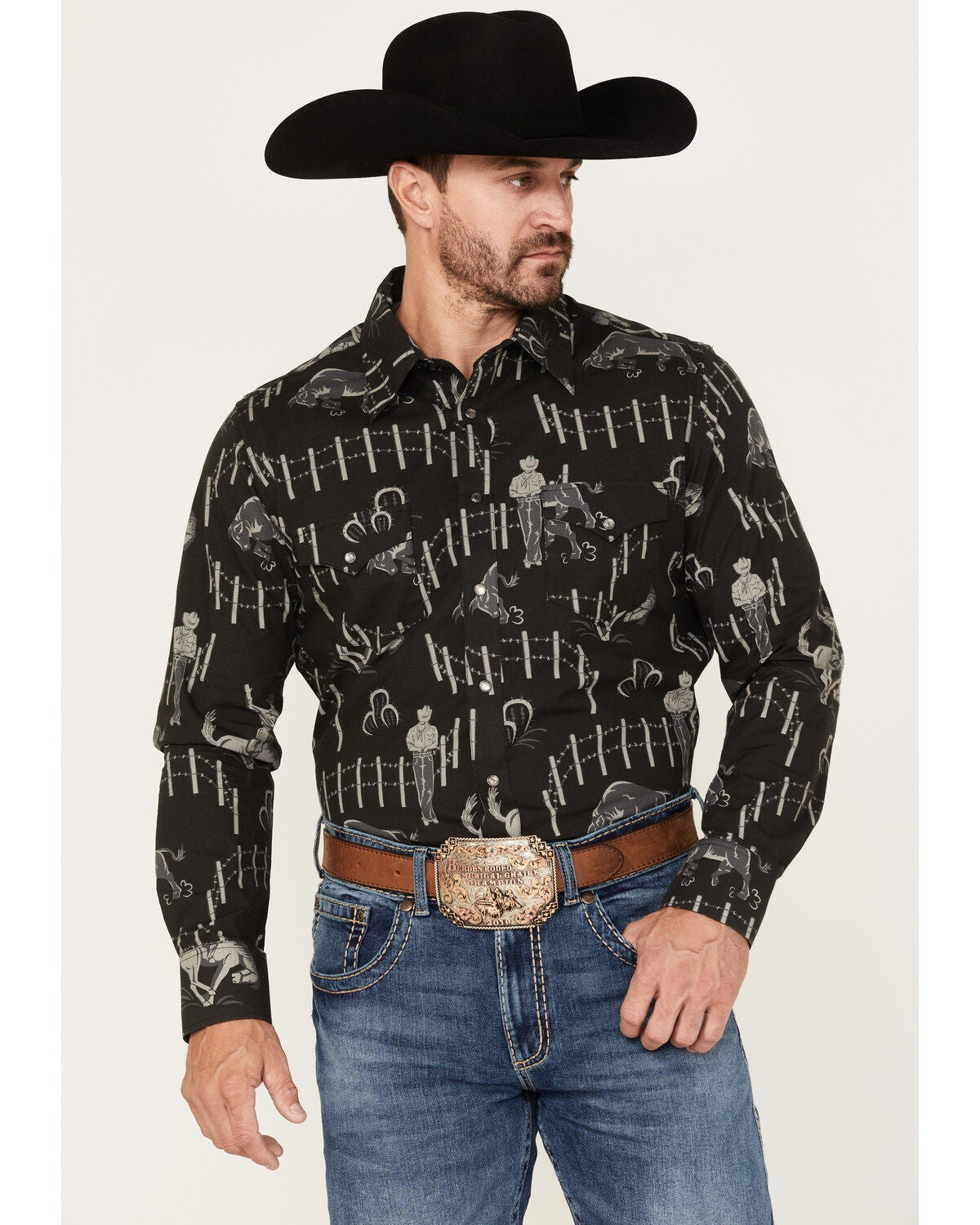 Rock & Roll Denim Panhandle Men's Vintage 46 Print Long Sleeve Snap Shirt, Black, hi-res