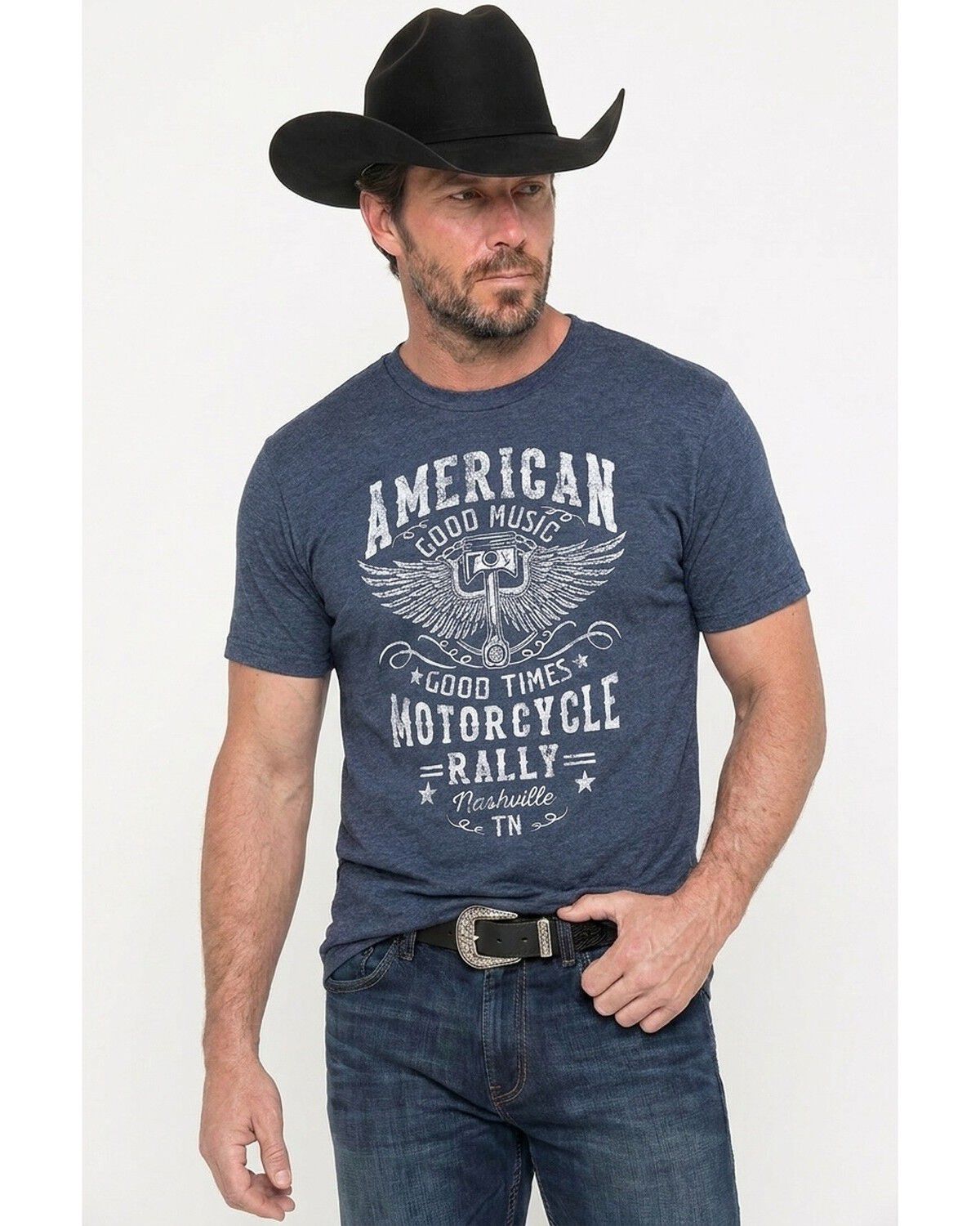 Image #1 - Americana Men's Motorcycle Rally Short Sleeve Graphic T-Shirt, Navy, hi-res