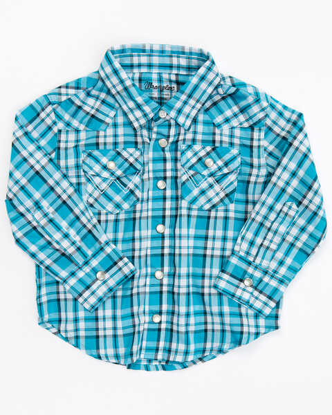 Wrangler Infant Boys' Plaid Print Long Sleeve Pearl Snap Western Shirt, Teal, hi-res