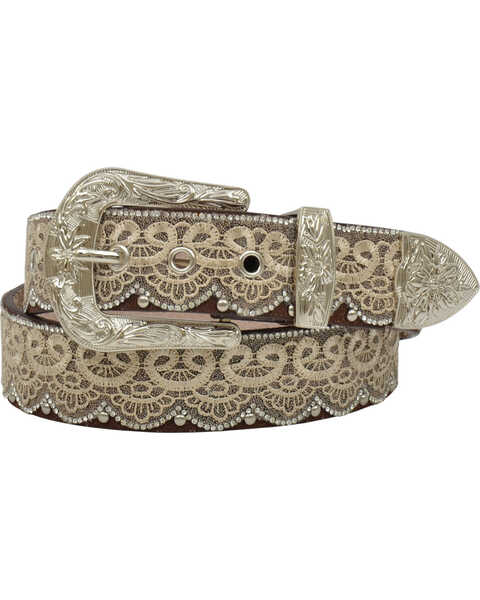 Angel Ranch Women's Rhinestone Lace Leather Belt, Brown, hi-res