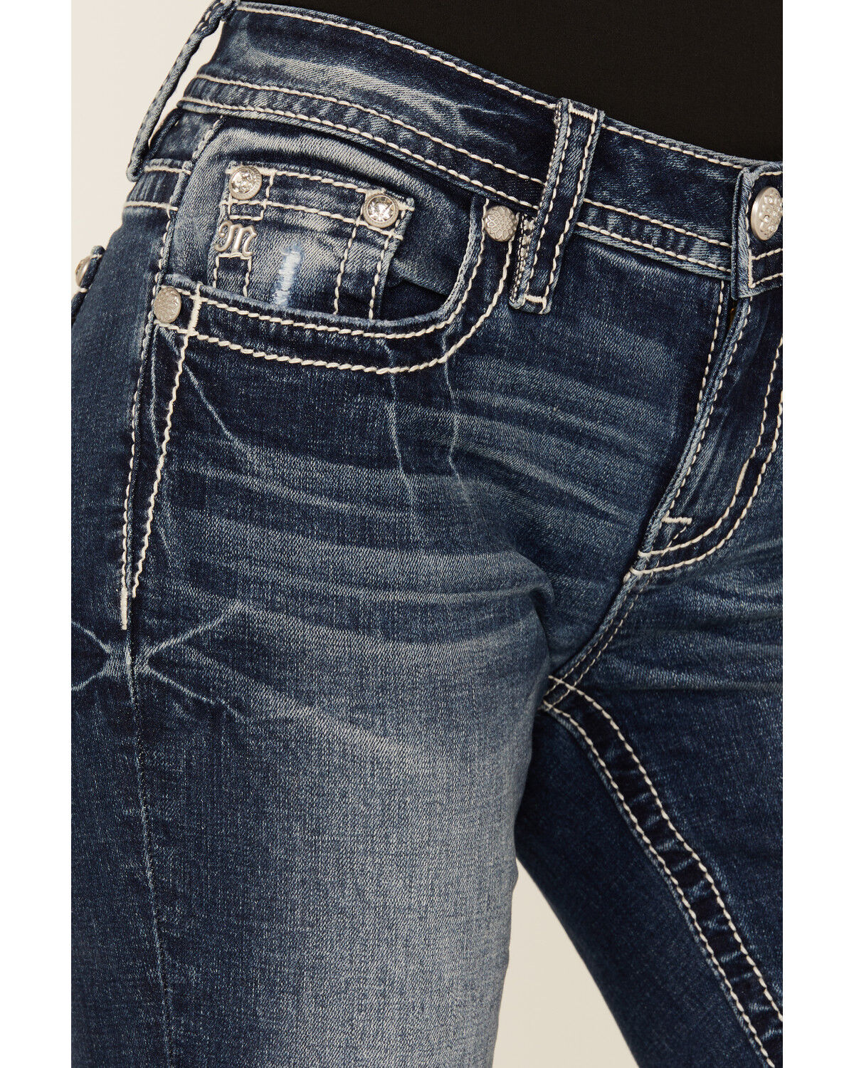 Image #4 - Miss Me Women's Dark Wash Mid Rise Geo Pocket 32" Bootcut Stretch Denim Jeans, Dark Wash, hi-res