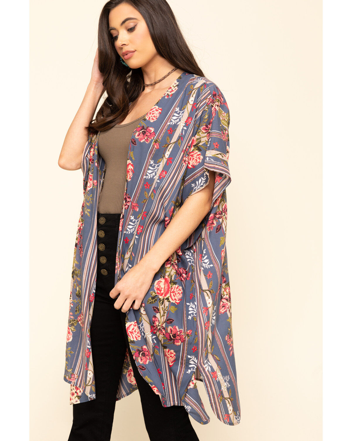 Image #3 - Angie Women's Stripe Floral Challis Kimono, , hi-res