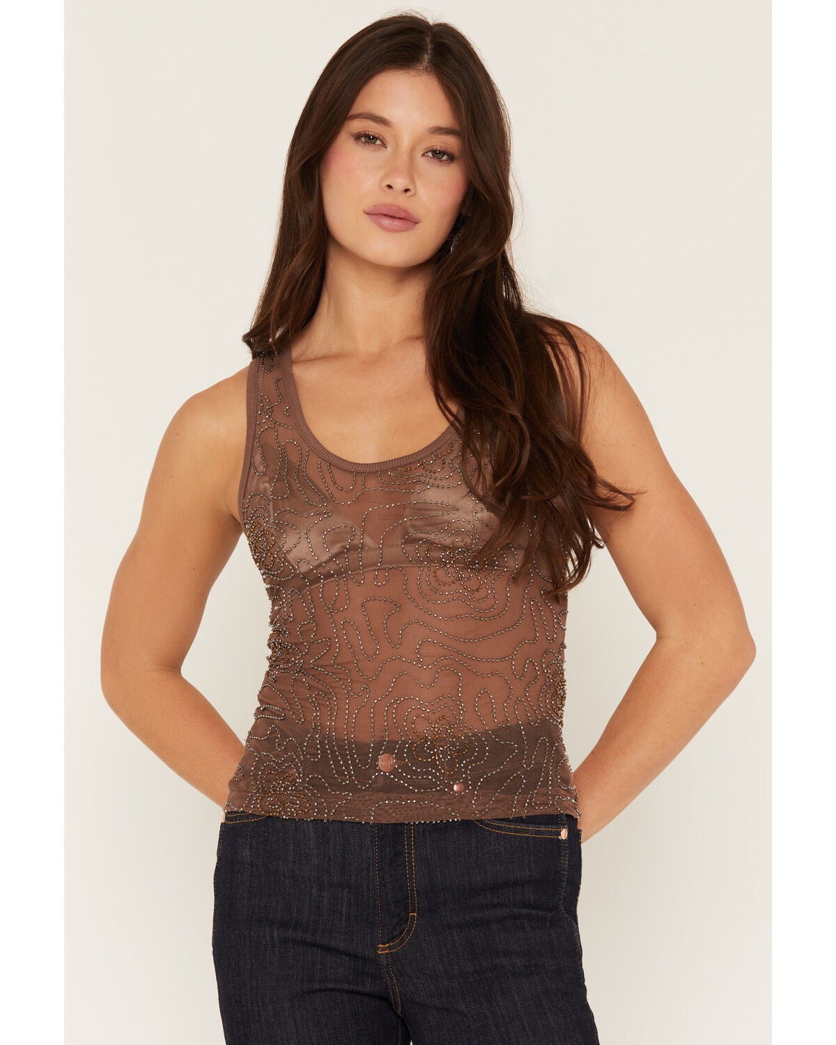 Miss Me Women's Beaded Tank Top, Brown, hi-res