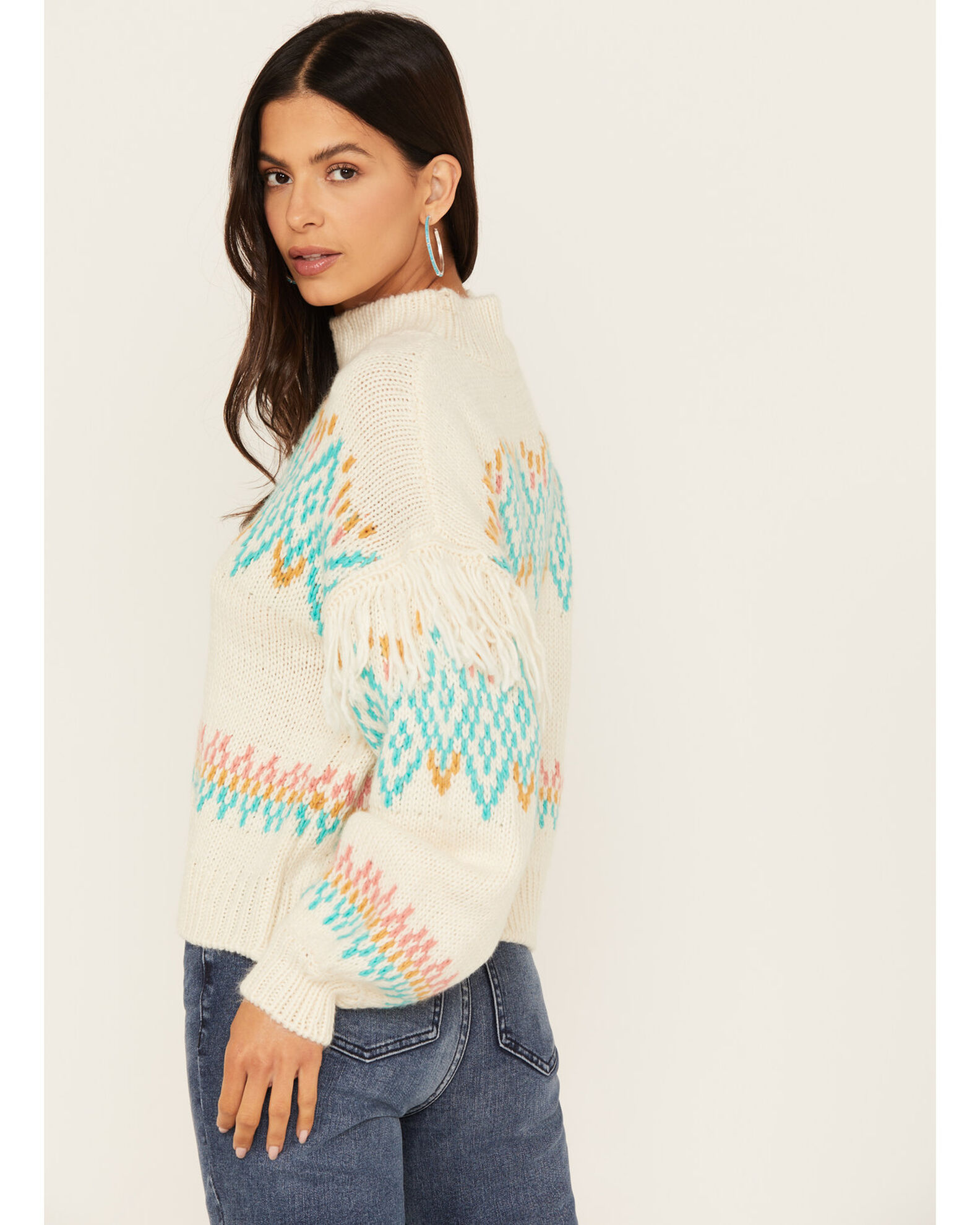 Rock Roll Denim Women s Southwestern Fringe Mock Turtleneck Sweater Boot Barn