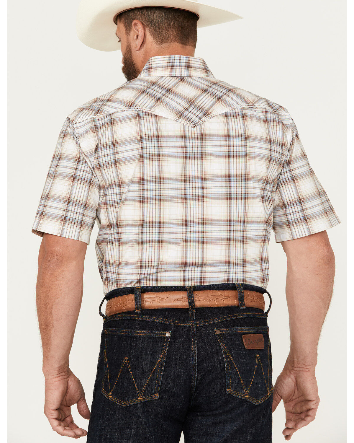 Image #4 - Rough Stock by Panhandle Men's Ombre Plaid Print Short Sleeve Pearl Snap Western Shirt, , hi-res