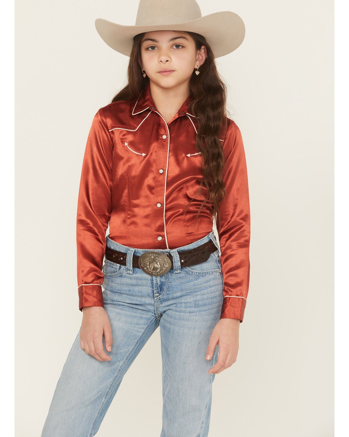 Cruel Girl Girls' Satin Long Sleeve Snap Western Shirt, Red, hi-res