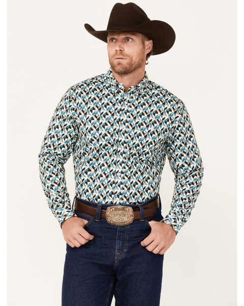 RANK 45® Men's Abstract Geo Print Long Sleeve Button-Down Shirt, Medium Blue, hi-res