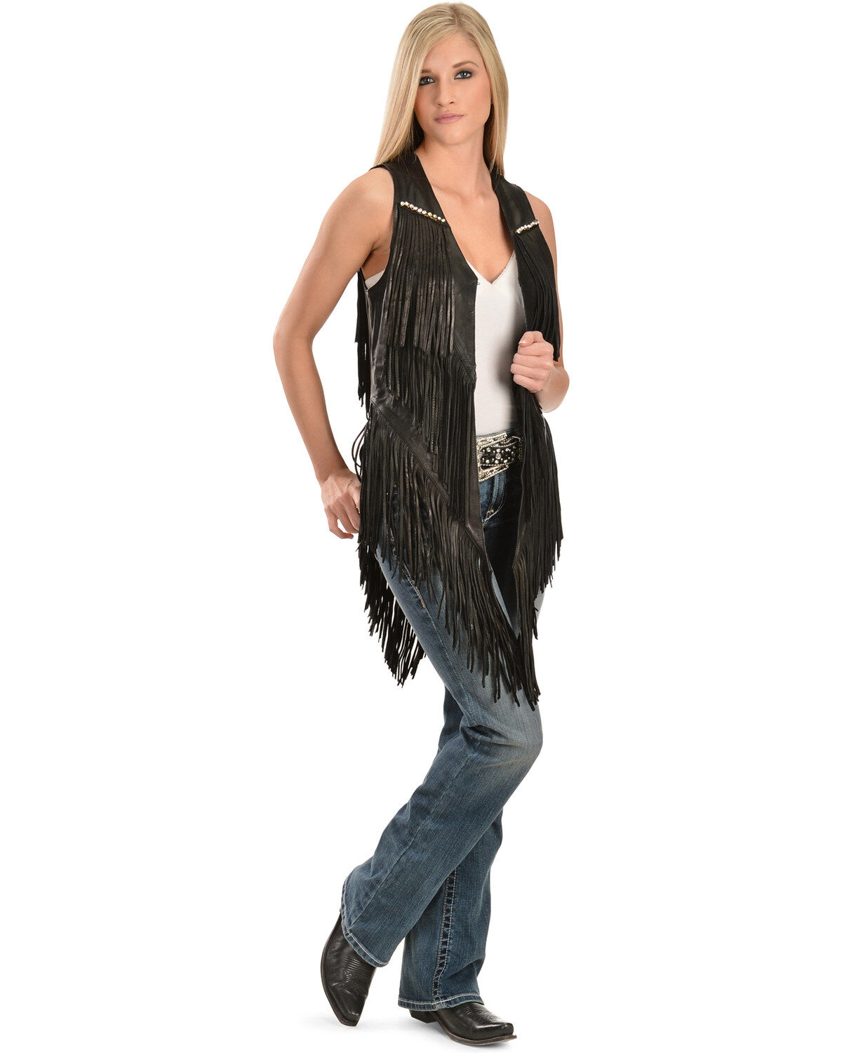 Image #4 - Kobler Leather Women's Yucaipa Fringe & Rhinestone Leather Vest, Black, hi-res