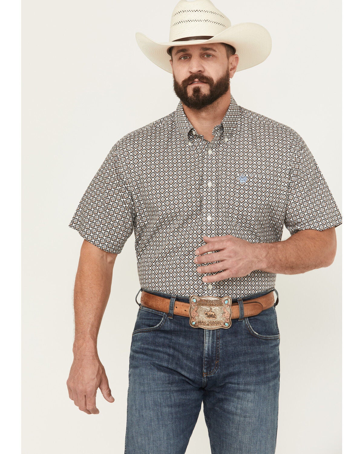 Cinch Men's Medallion Print Short Sleeve Button-Down Western Shirt, Cream, hi-res
