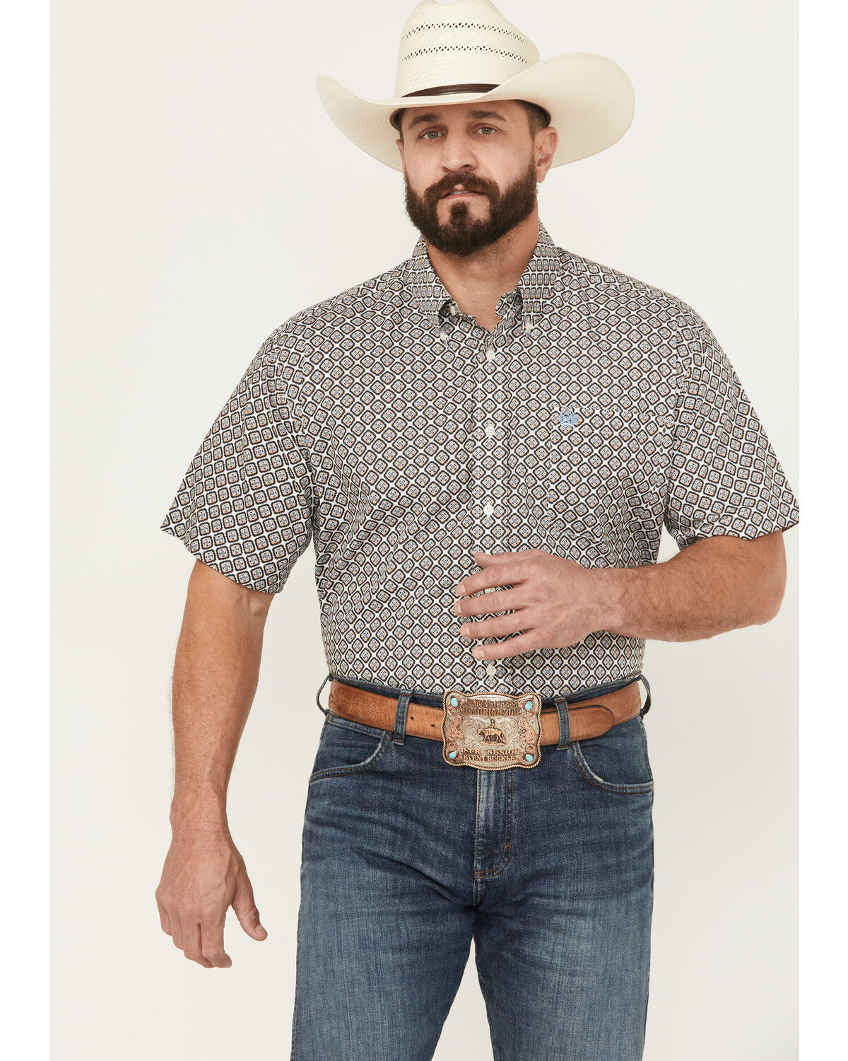 Image #1 - Cinch Men's Medallion Print Short Sleeve Button-Down Western Shirt, Cream, hi-res